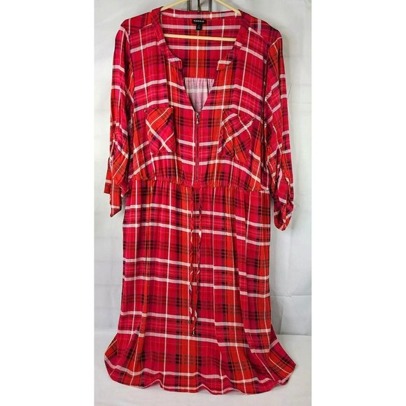 NWOT TORRID Size 2 (2X) Pink Red Plaid Mini Challis Zip Front Shirt Dress - Picture 2 of 9